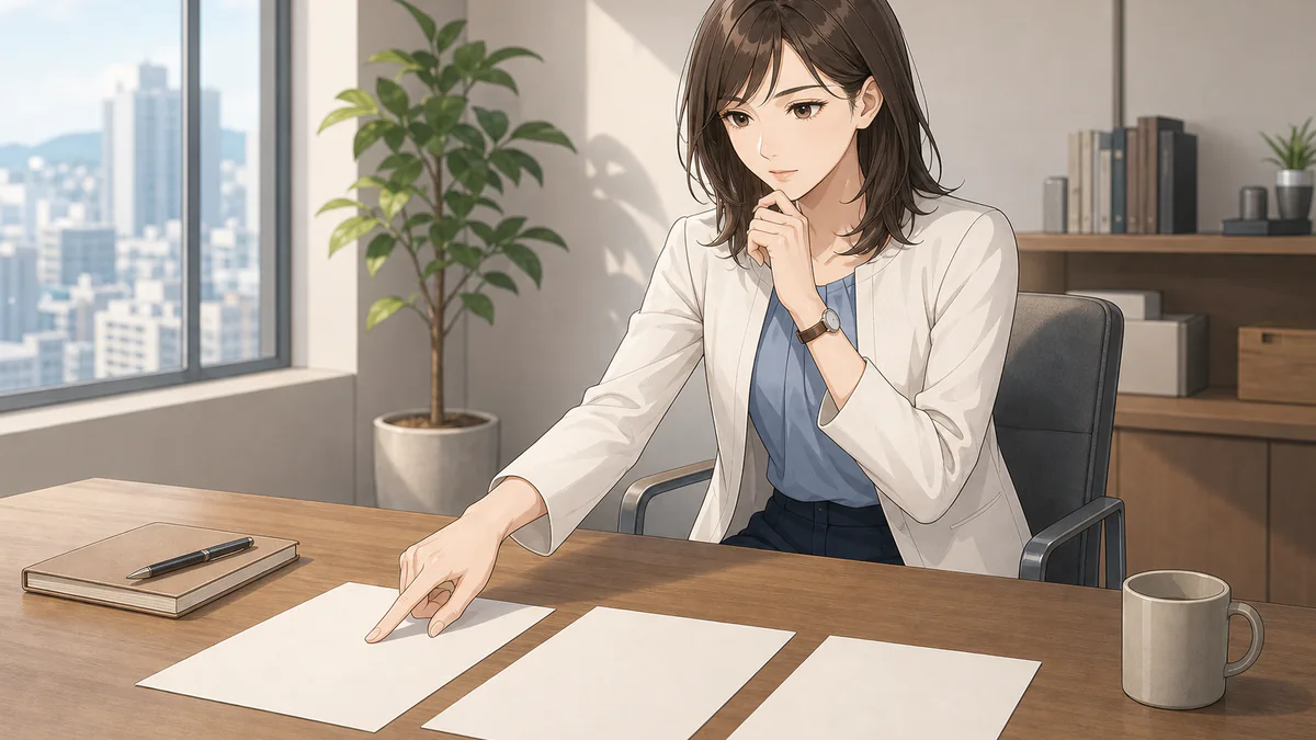 藤野なつめが机上の三枚の無文字カードから、最初に確認する一枚を指している場面